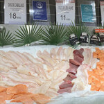 A display of salmon, cod, and other fillets at a Norwegian seafood market.