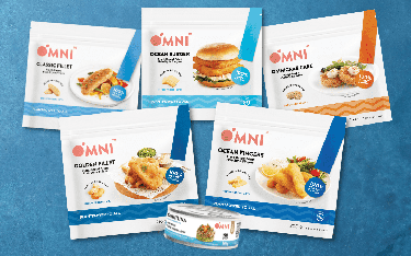 The OmniFoods plant-based seafood analog lineup including "Golden Fillet" and "Ocean Burger"
