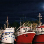 A row of fishing vessels lined up at night.
