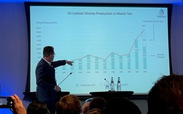 Taprobane Seafood Founder Tim O'Reilly presenting at the 2022 Global Shrimp Forum.