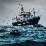 A Russian pollock fishing vessel out at sea.