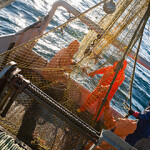 Japanese fishermen on an fishing boat.