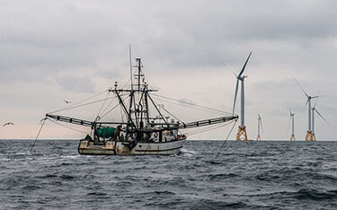 The trawler Virginia Marise from Point Judith, Rhode Island, U.S.A., near the Block Island Wind Farm.