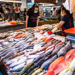 A stall selling fish at a traditional market in Kaohsiung, Taiwan.