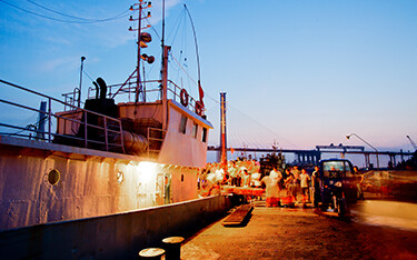 Unloading a fishing vessel in the Chinese port of Zhoushan.