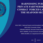 The presentation slide of a 2022 SENA panel focused on forced labor in the seafood industry.