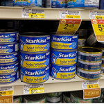 A shelf featuring Starkist canned tuna.