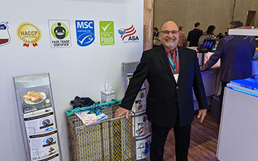 Northern Wind CEO Ken Melanson showing off a ropeless lobster trap the company is piloting.