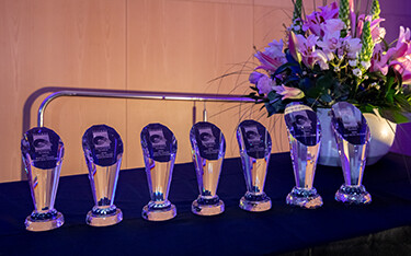 The trophies awarded to the winners of the Seafood Excellence Global Awards in 2022.