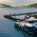 A workboat at a net pen operated by New Zealand King Salmon