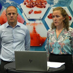 Aker BioMarine CEO Matts Johansen and CFO Katrine Klaveness during the company's Q2 2023 results presentation.