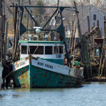 A row of fishing boats lining a dock in New Jersey