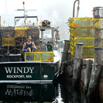 A lobsterman in Rockport, Massachusetts baits a trap on the back of his boat.