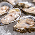 Raw oysters on the half shell on a bed of ice.