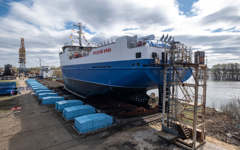 The crab vessel Captain Skovpen, launched by the Okskaya Shipyard in Russia, moments before its launch.