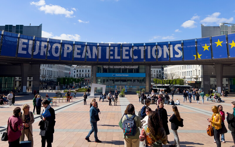 A banner in Brussels, Belgium, highlighting the upcoming European Parliament elections