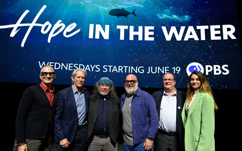 Director Brian Peter Falk, Executive Advisor David E. Kelley, Founder and CEO of the Native Conservancy Dune Lankard, Executive Producer Andrew Zimmern, Deadline’s Pete Hammond, and actor Shailene Woodley participate in a panel during the premiere of Hope in the Water at The Academy Museum of Motion Pictures on 6 June 2024