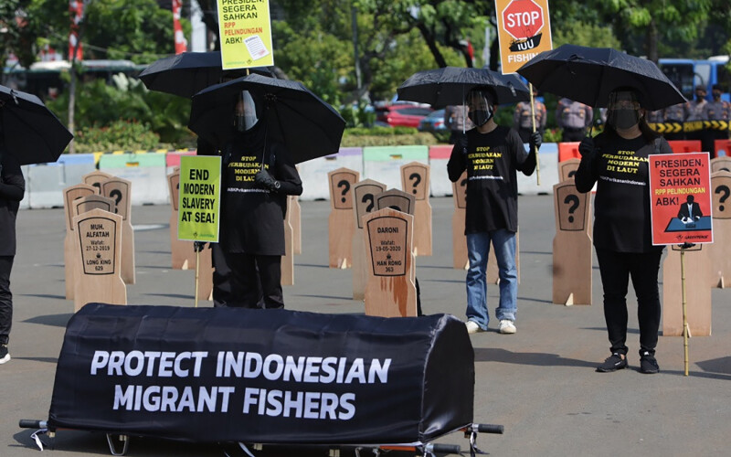 A protest calling for migrant fisher rights in Jakarta, Indonesia