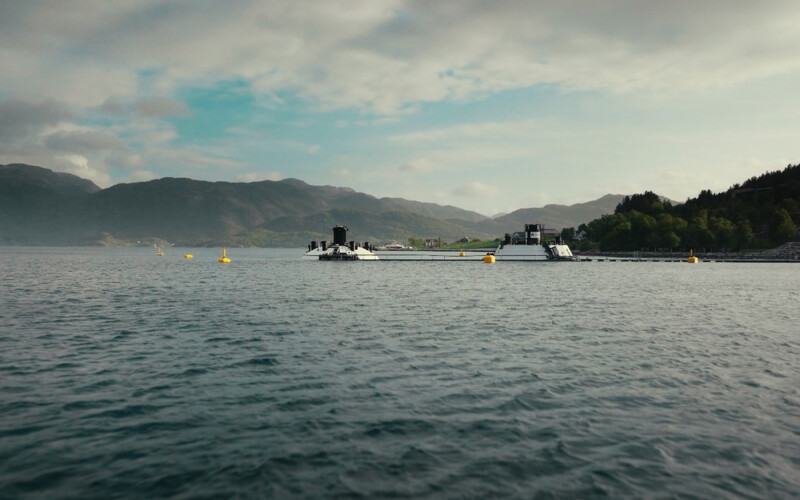 Two of FishGlobe's closed-containment salmon farms operating in the water