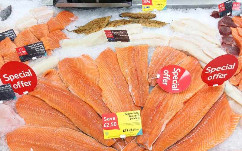 Close-up shot of fresh fish counter inside Tesco supermarket