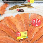 Close-up shot of fresh fish counter inside Tesco supermarket