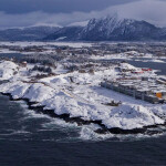 An aerial view of Salmon Evolution's flow-through salmon aquaculture facility in Indre Harøy