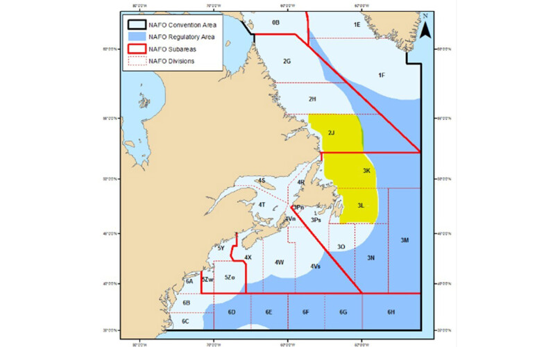 A map of the now-reopened 2J3KL cod fishery in Canada