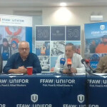Members of the Fish, Food, and Allied Workers Union hold a press conference in Newfoundland, Canada
