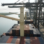 A container ship at the port of Houston, Texas, U.S.A.