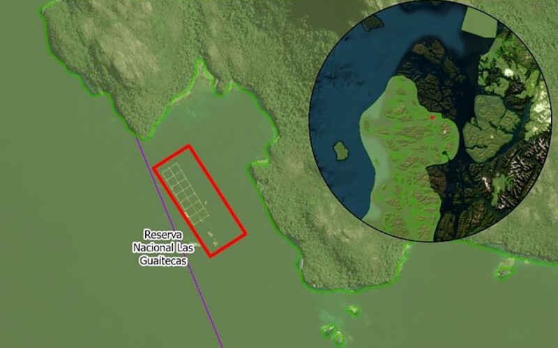 An image outlining where Multi X's Cholga production site is within the Las Guaitecas National Reserve