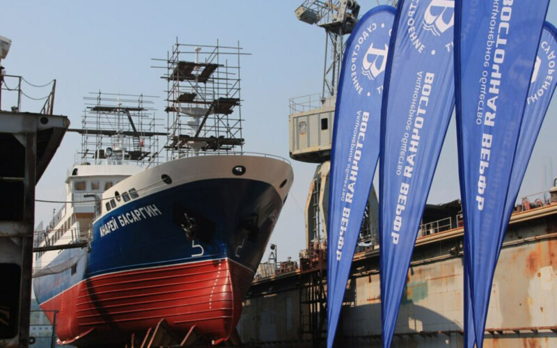 The launch of a recently completed fishing vessel in Russia from a dry dock