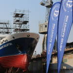 The launch of a recently completed fishing vessel in Russia from a dry dock