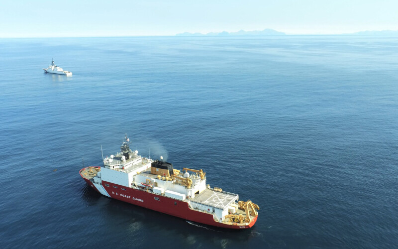 The U.S. Coast Guard Cutter Healy (foreground) and Kimball (background) vessels