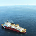 The U.S. Coast Guard Cutter Healy (foreground) and Kimball (background) vessels