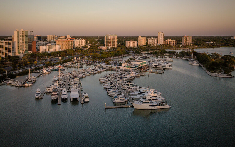 An aerial view of a set of docks in Sarasota, Florida, U.S.A.