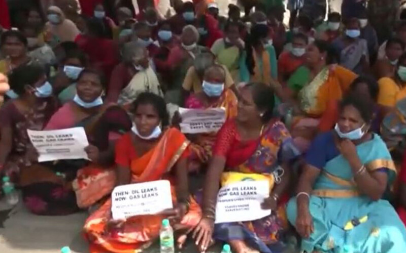 A protest outside a seafood-processing plant in Thoothukudi, India