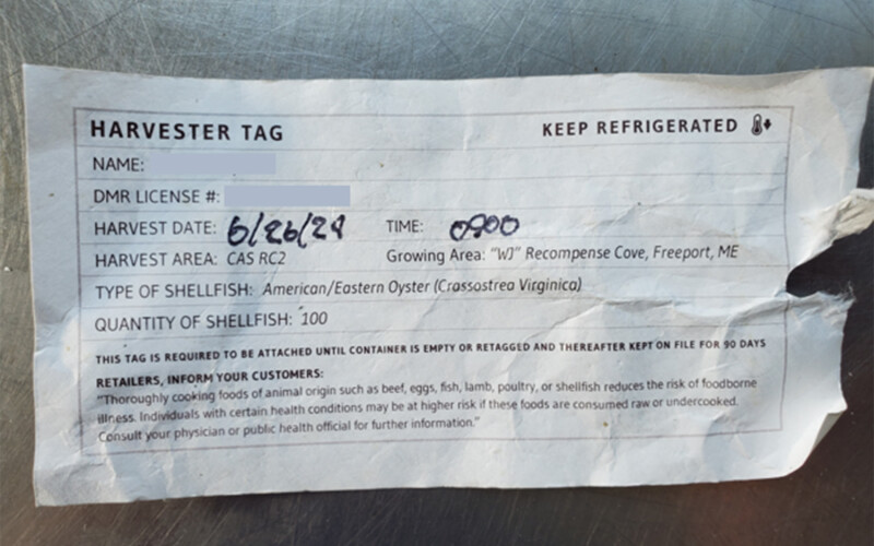 A shellfish tag from potentially contaminated oysters from Freeport, Maine, U.S.A.
