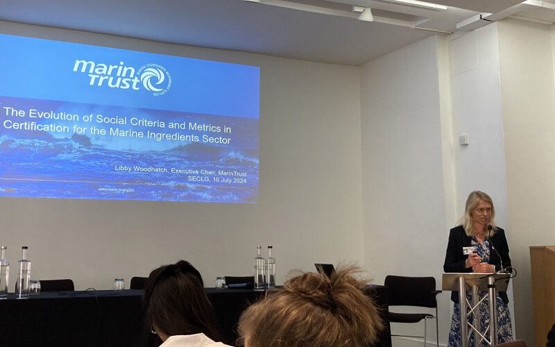 MarinTrust Executive Chair Libby Woodhatch giving a presentation