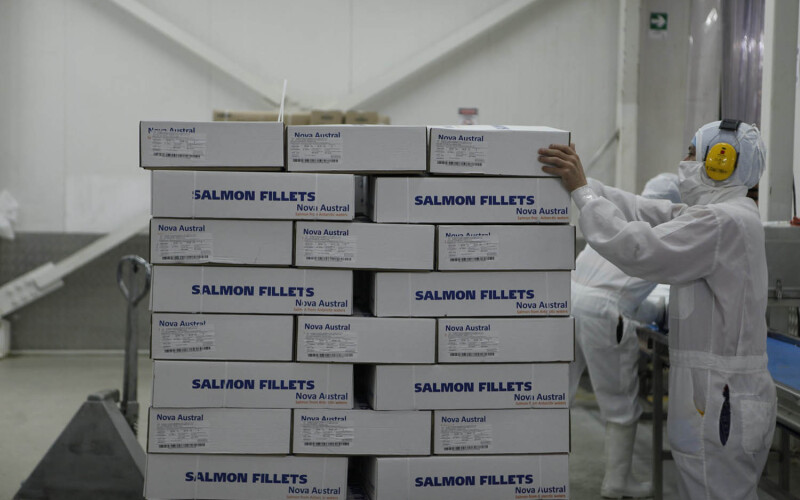 A Nova Austral employee hauling shipments of salmon fillets