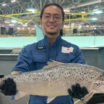 A Proximar Seafood employee holds up a salmon farmed in its facility