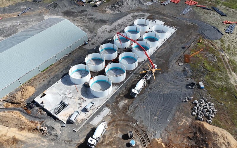 An aerial view of the growout facility Kaldvik is building, currently under construction