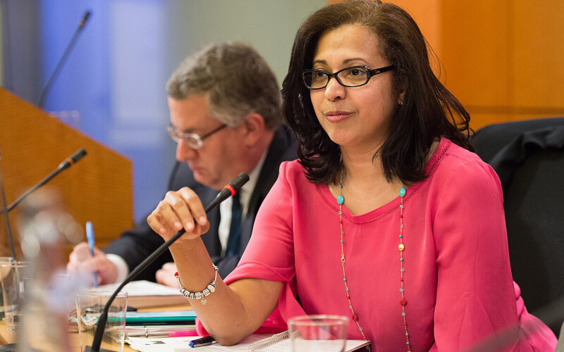 Marcia Eugenio speaking into a microphone at a congressional hearing