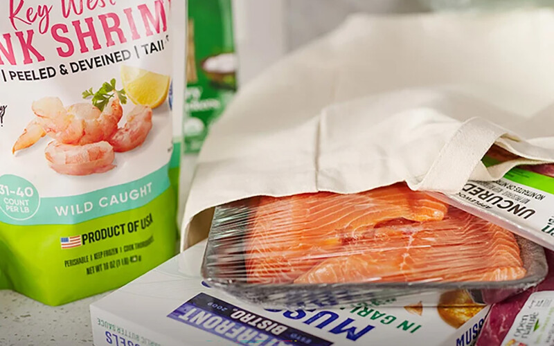 Albertsons seafood products, including shrimp, mussels, and salmon fillets