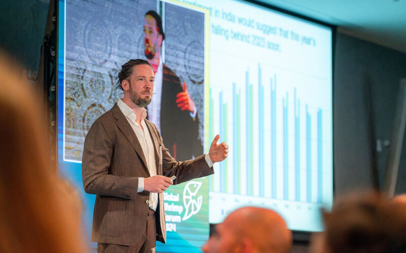 Global Shrimp Forum Managing Director Willem van der Pijl presenting a panel at the 2024 Global Shrimp Forum
