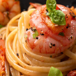 A cooked shrimp on a pile of linguini