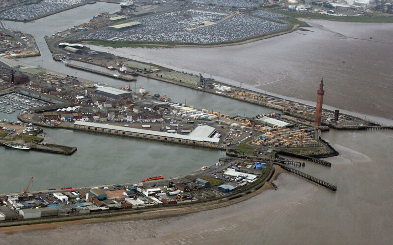 An aerial shot of the port of Grimsby in eastern England