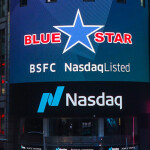 An image of a video billboard announcing Blue Star Foods' listing on the Nasdaq Capital Market.