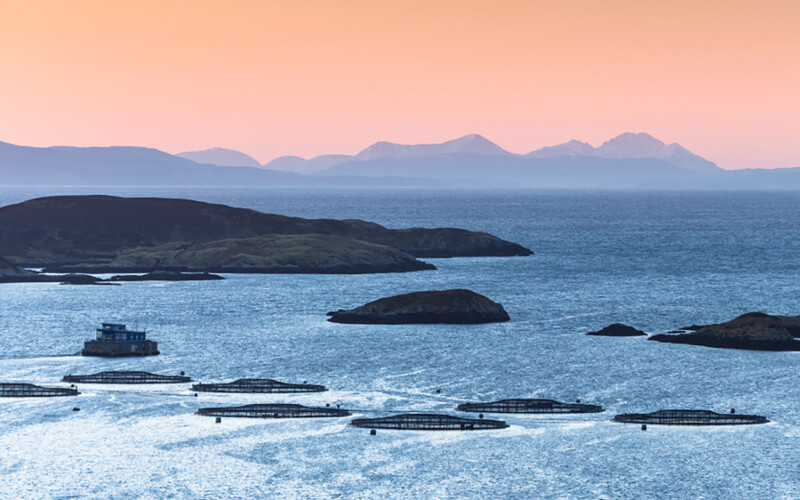 An aerial photo of a fish farm near the Isle of Skye in Scotland