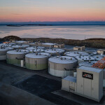 An aerial view of Salmon Evolution's land-based salmon aquaculture facility at sunrise