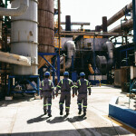 Workers for Copeinca walking together inside a fishmeal production facility